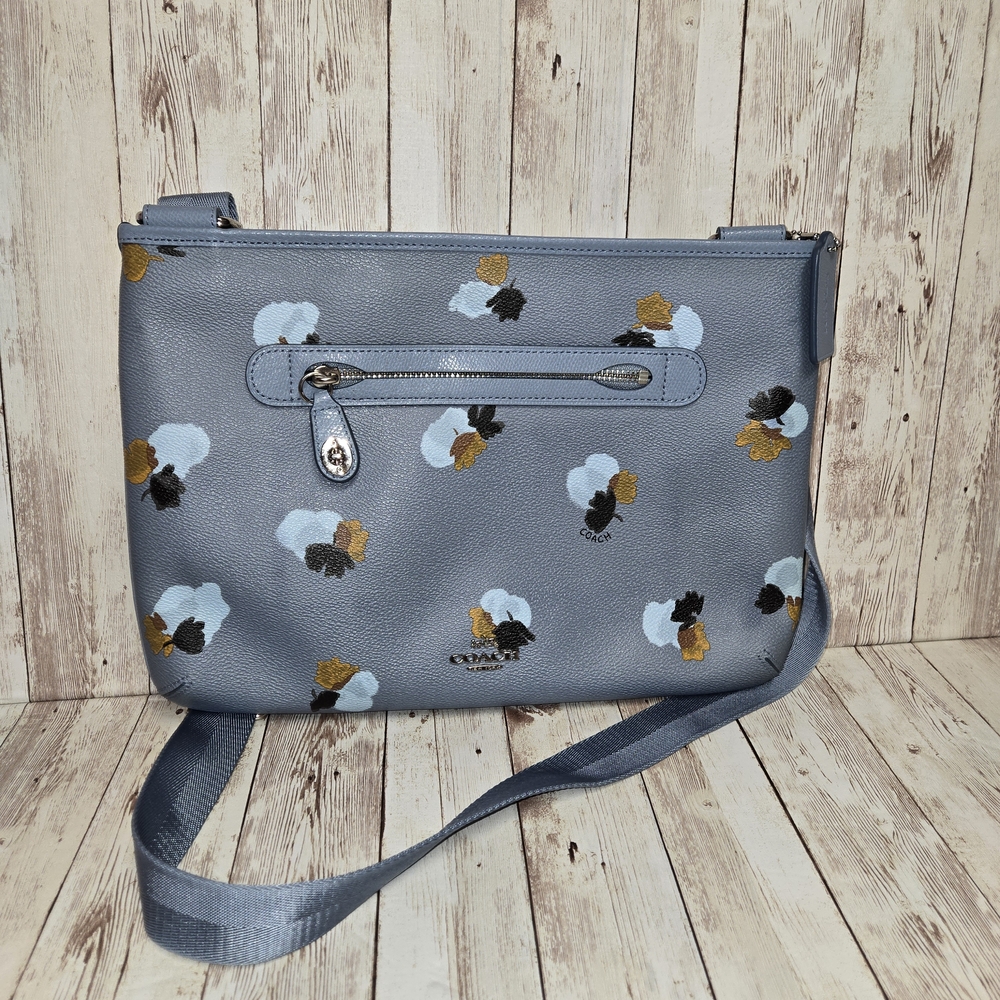 Coach Blue Floral Print Pebbled Leather Crossbody Bag Adjustable Strap